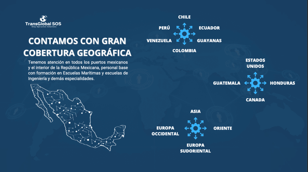 Tenemos atención en todos los puertos mexicanos y en el interior de la República Mexicana, personal base con formación en escuelas marítimas y escuelas de ingeniería además de otras especialidades.